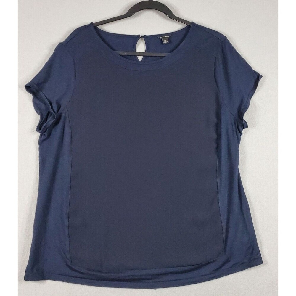 Ann Taylor Navy Blue Short Sleeve Blouse Keyhole Twist Sleeves Womens XL